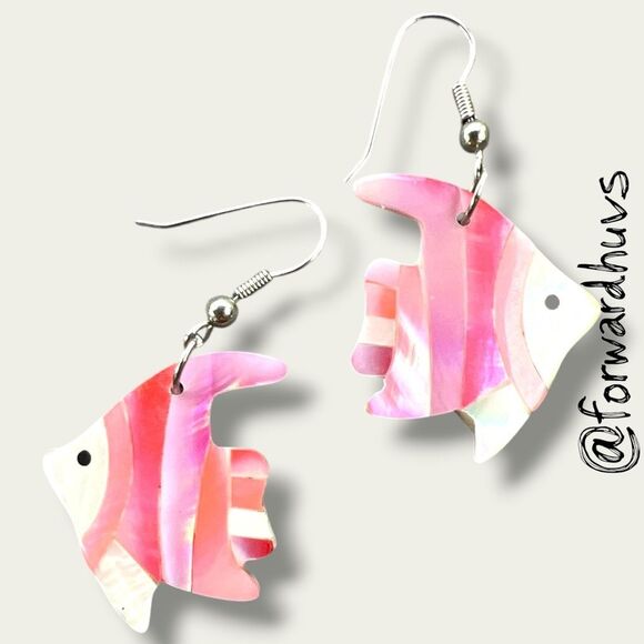 Pink Mother-of-Pearl Angelfish Earrings Iridescent Shell - Picture 1 of 5